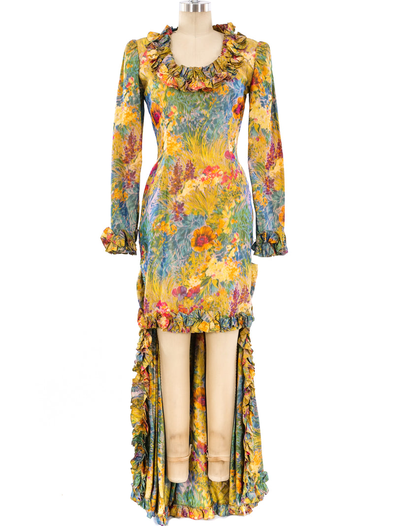 Oscar de la Renta Floral Printed Ruffle Gown Dress arcadeshops.com