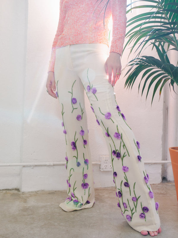 Lavender Pom Pom Floral Trousers Bottom arcadeshops.com