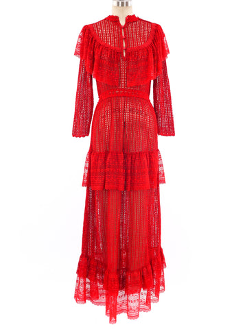 fitted lace wedding dress Red Lace Ruffle Crochet Maxi Dress