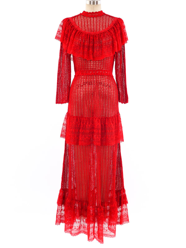 Red Lace Ruffle Crochet Maxi Dress Dress arcadeshops.com