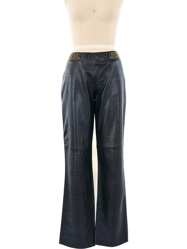 Versace Jeans Couture Greek Key Embellished Leather Pants Bottom arcadeshops.com