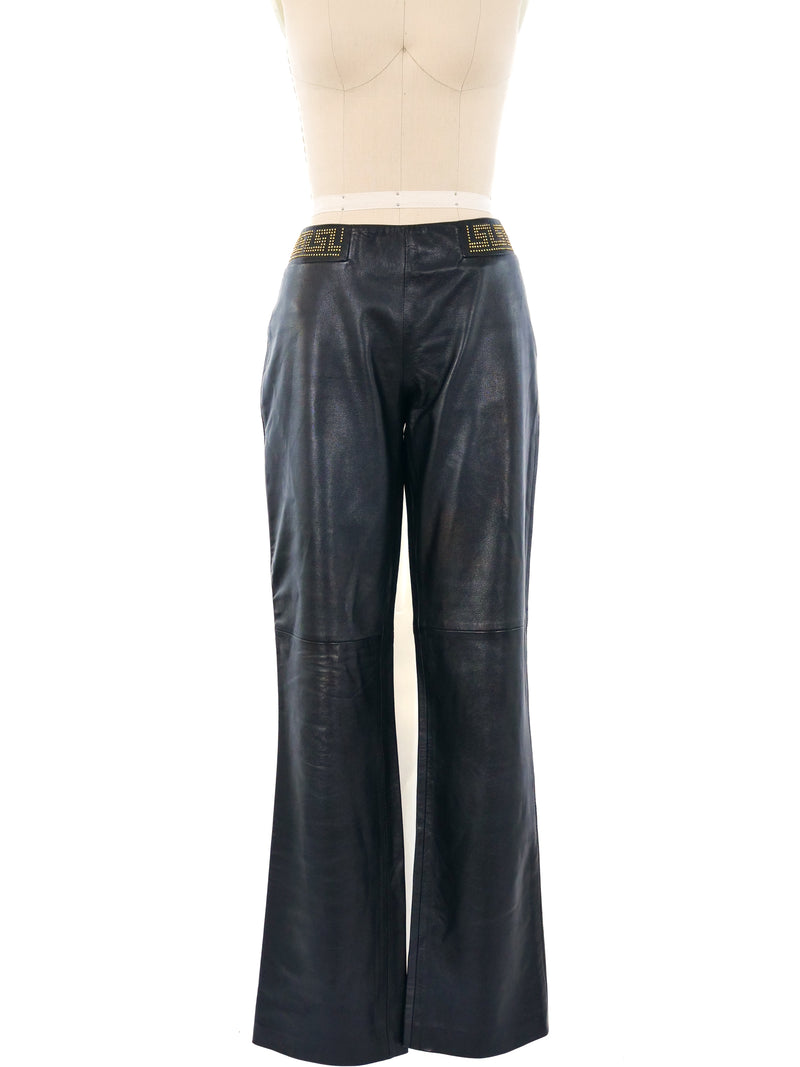 Versace Jeans Couture Greek Key Embellished Leather Pants Bottom arcadeshops.com