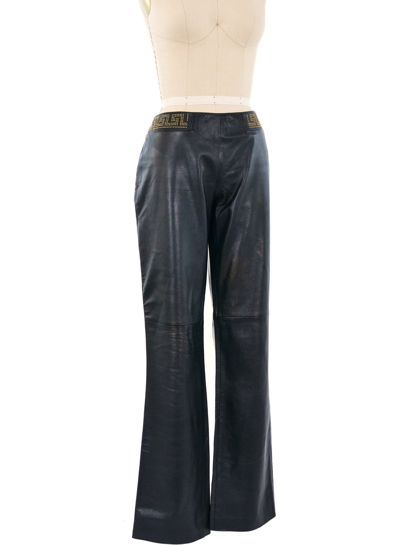 Versace Jeans Couture Greek Key Embellished Leather Pants Bottom arcadeshops.com