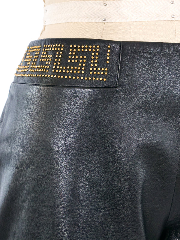 Versace Jeans Couture Greek Key Embellished Leather Pants Bottom arcadeshops.com