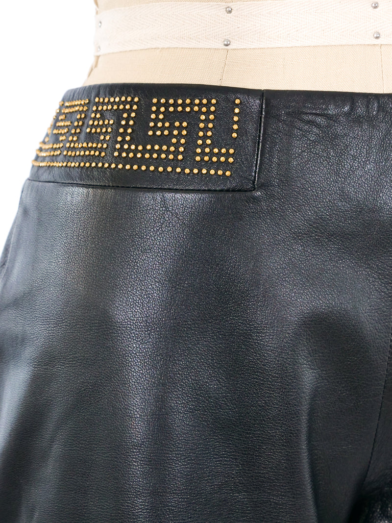 Versace Jeans Couture Greek Key Embellished Leather Pants Bottom arcadeshops.com