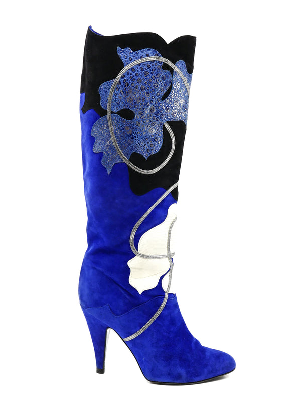 Applique Blue Suede Heeled Boots, 38 Accessory arcadeshops.com