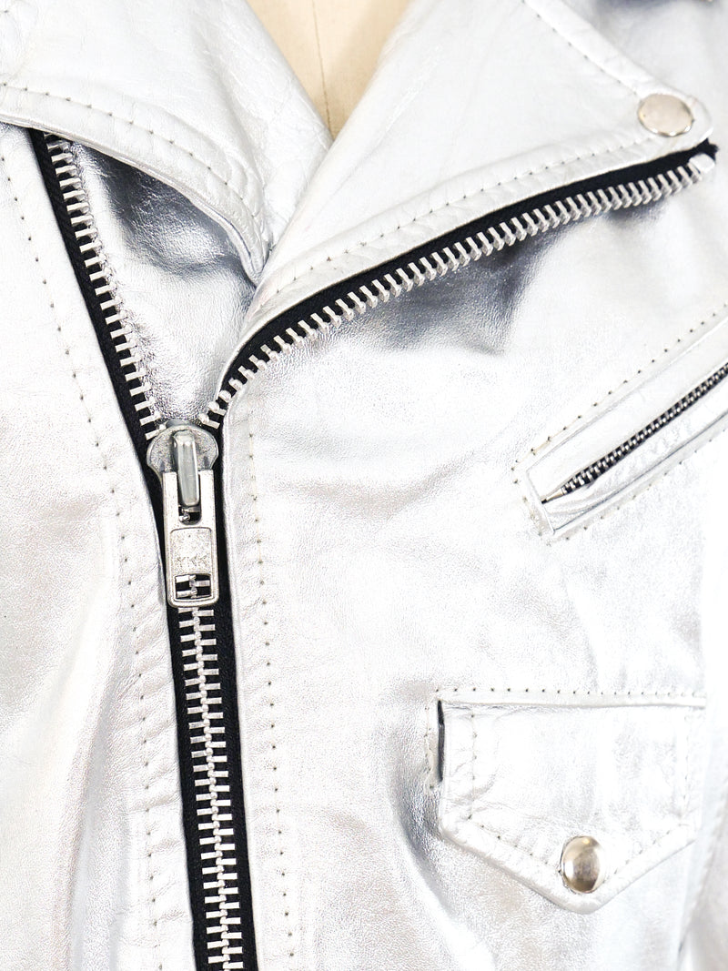 Metallic Silver Leather Motorcycle Jacket Jacket arcadeshops.com