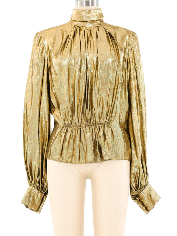 Pauline Trigere Gold Lame Peplum Blouse Top arcadeshops.com