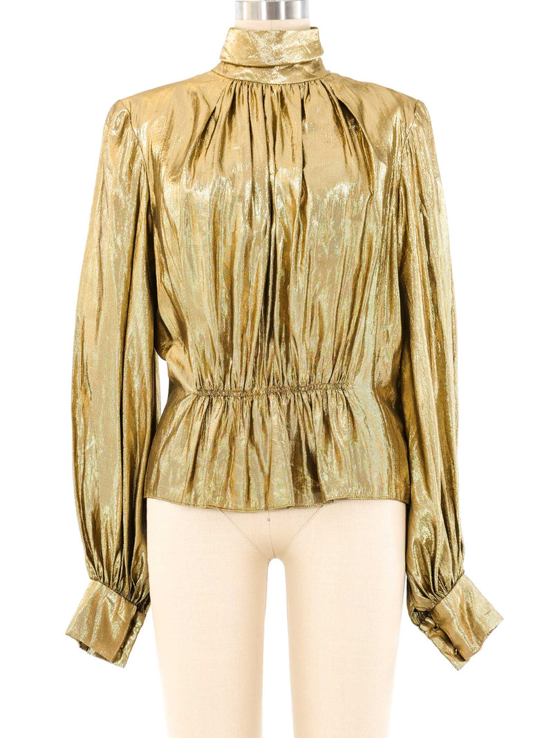 Pauline Trigere Gold Lame Peplum Blouse Top arcadeshops.com