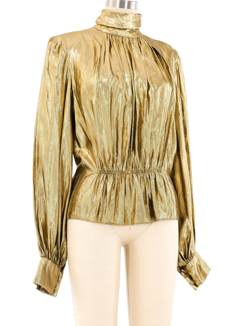 Pauline Trigere Gold Lame Peplum Blouse Top arcadeshops.com