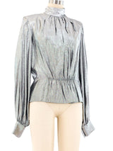 Pauline Trigere Silver Lame Peplum Blouse Top arcadeshops.com