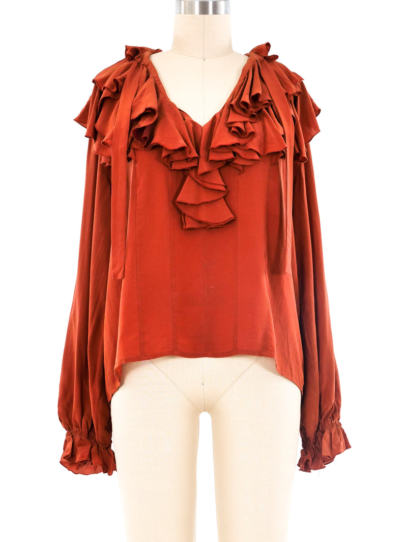 Ruffled Copper Silk Blouse Top arcadeshops.com