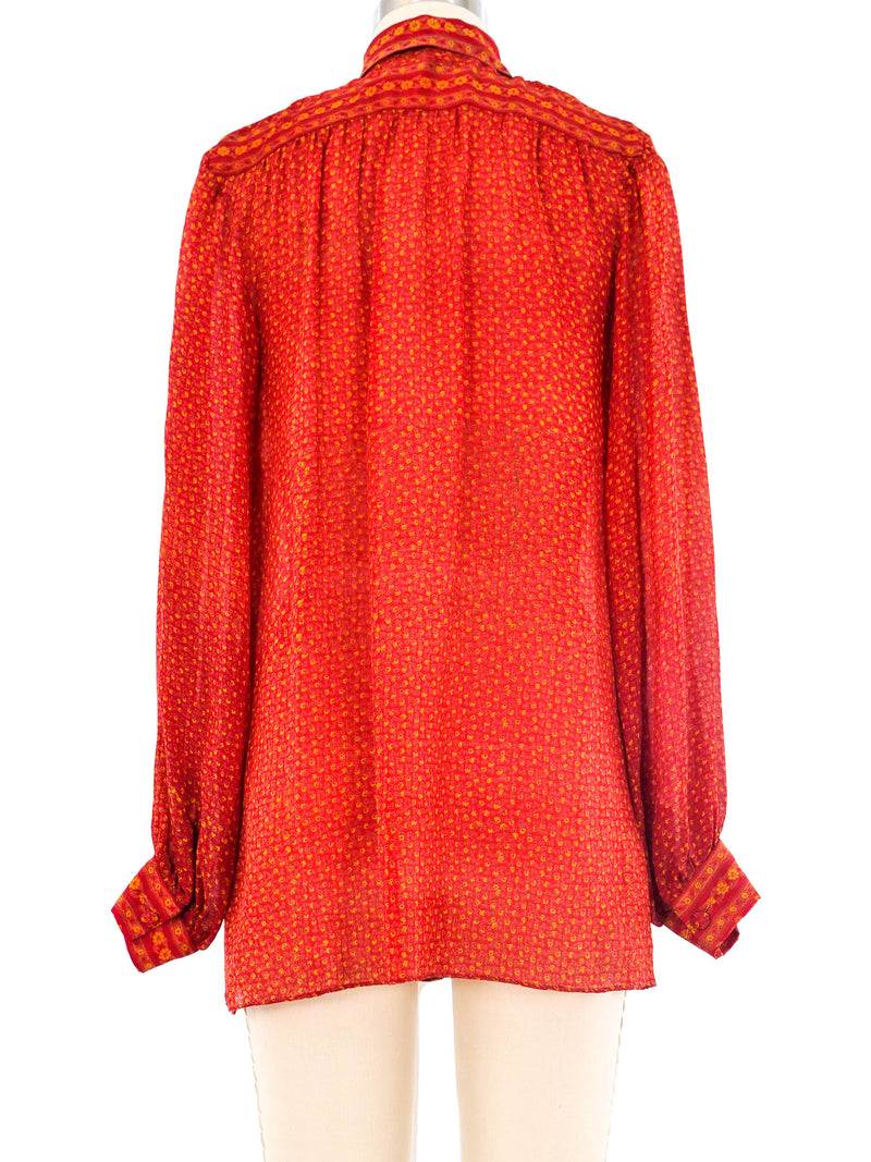 Floral Printed Red Silk Blouse Top arcadeshops.com