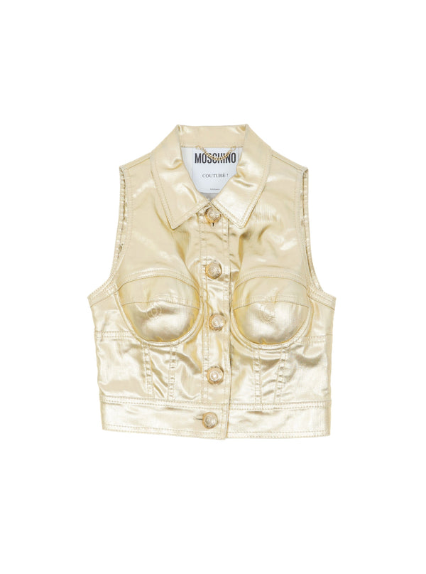Moschino Metallic Gold Denim Vest Top arcadeshops.com