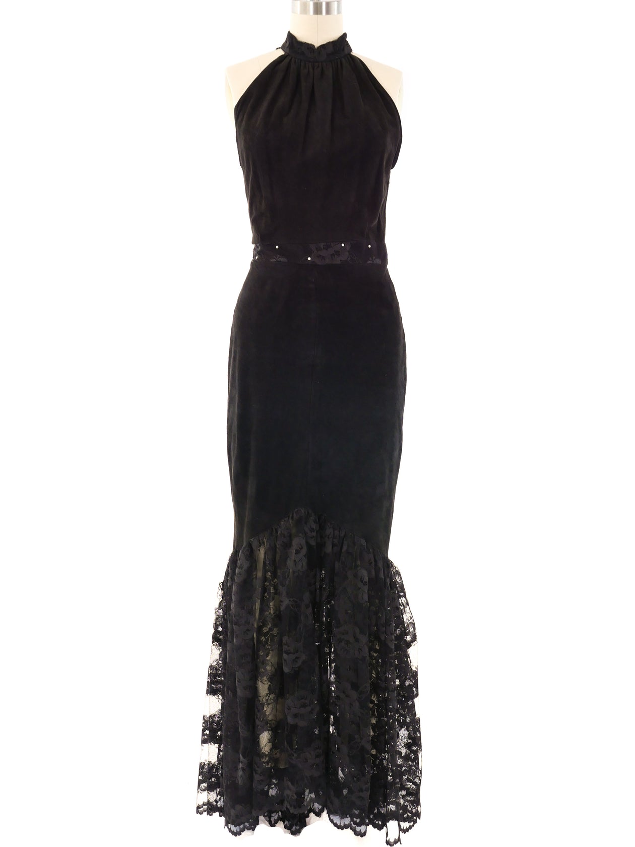 Lace Trimmed Suede Maxi Dress