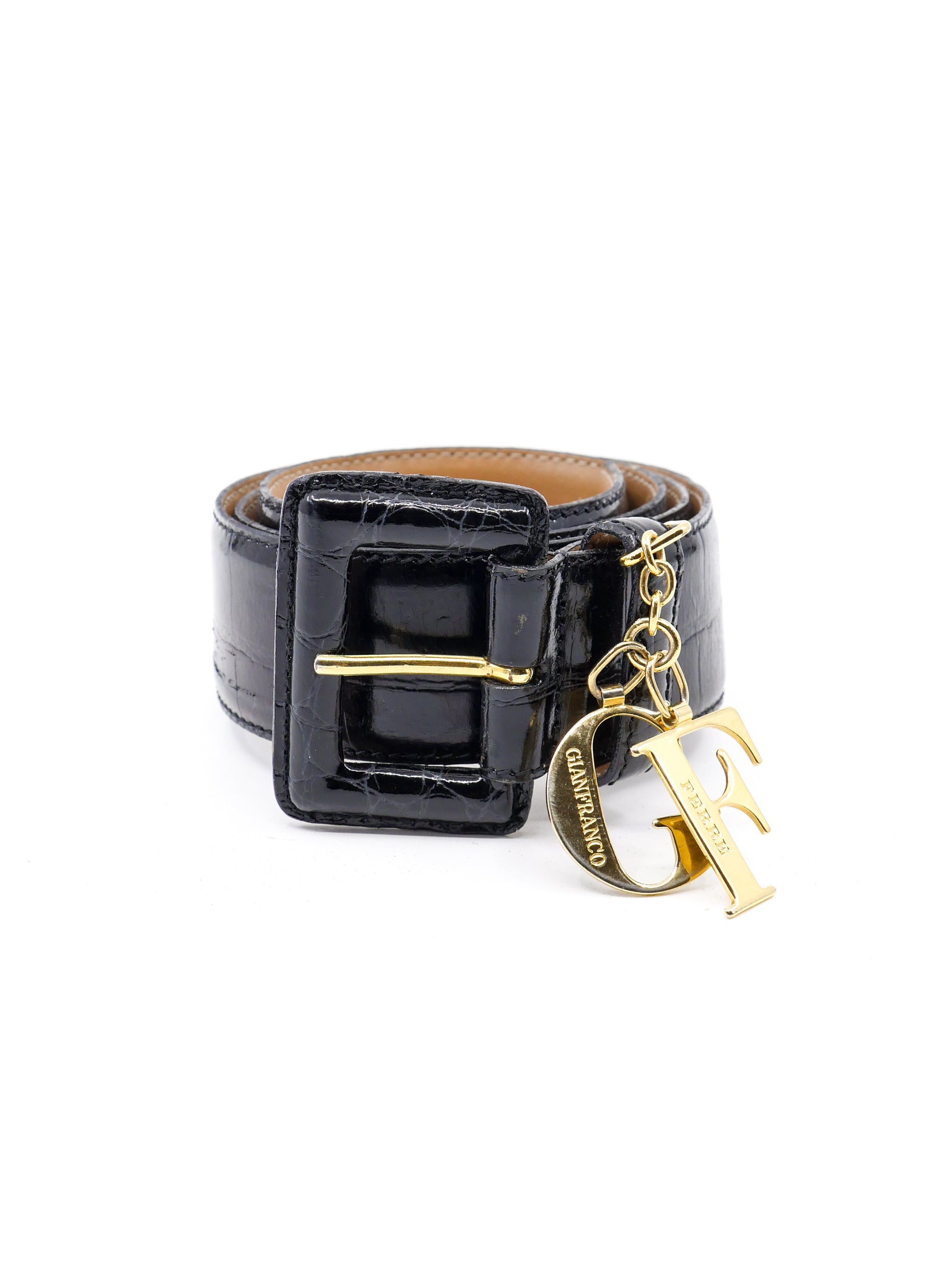 Gianfranco Ferre Logo Charm Croc Embossed Belt