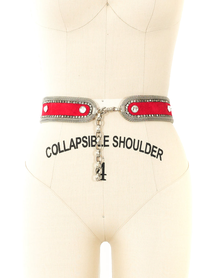 Silver Chain Trimmed Red Suede Belt Accessory arcadeshops.com