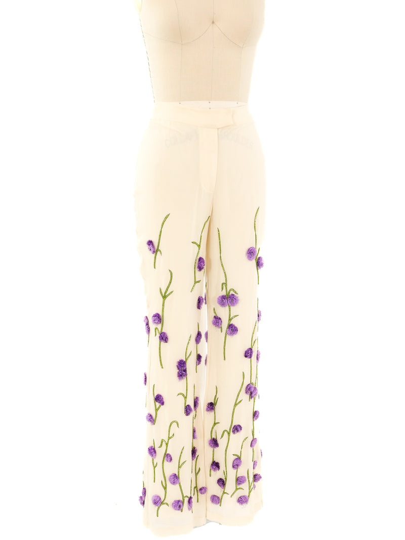 Lavender Pom Pom Floral Trousers Bottom arcadeshops.com