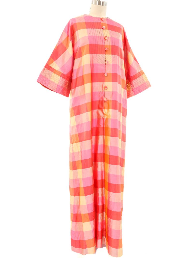Thai Silk Pink Check Caftan Dress arcadeshops.com