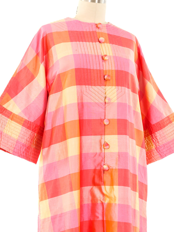 Thai Silk Pink Check Caftan Dress arcadeshops.com