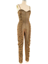 Metallic Bronze Ruffled Catsuit Jumpsuit arcadeshops.com