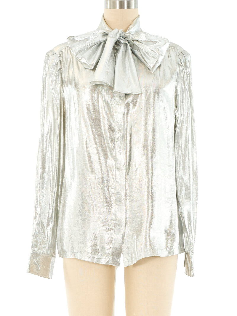 St John Silver Lamé Scarf Collar Blouse Top arcadeshops.com