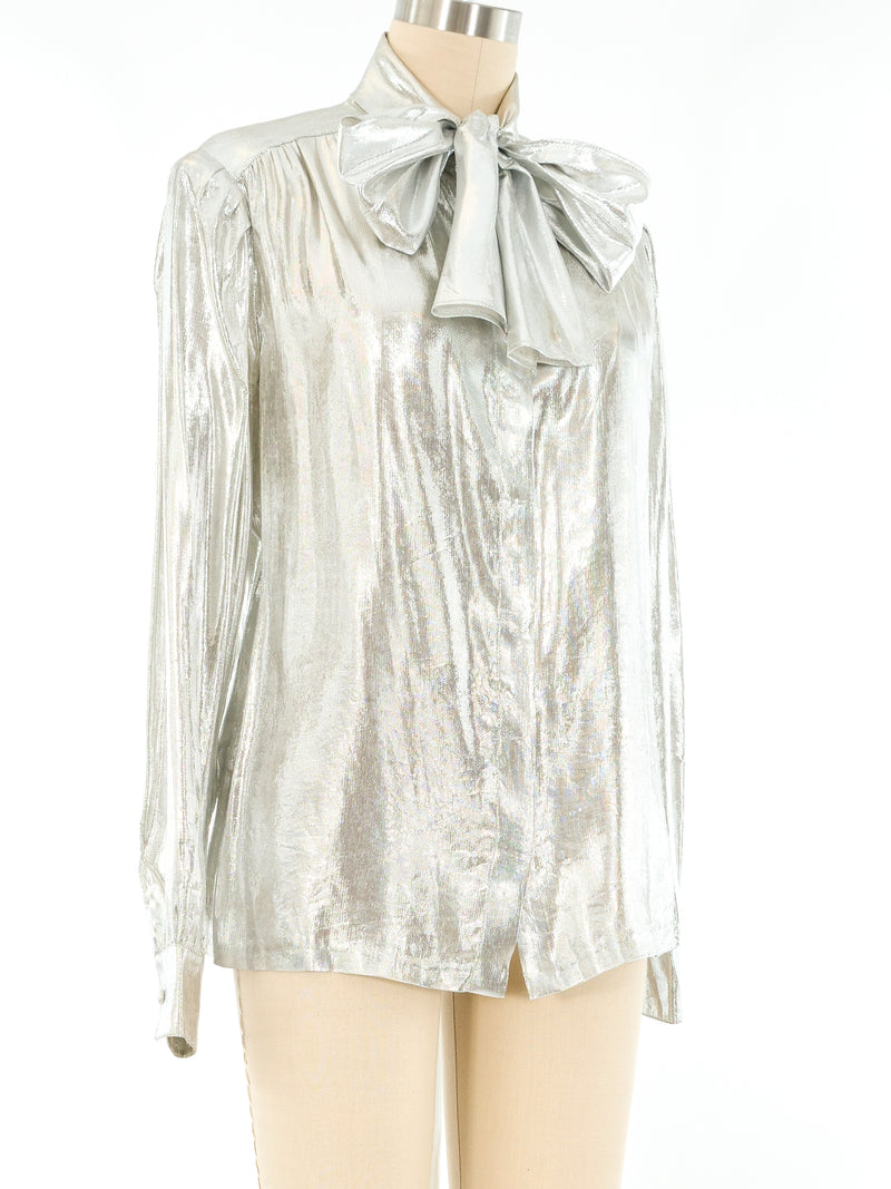 St John Silver Lamé Scarf Collar Blouse Top arcadeshops.com