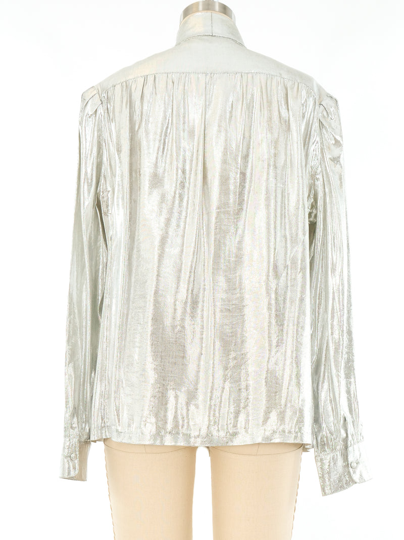 St John Silver Lamé Scarf Collar Blouse Top arcadeshops.com