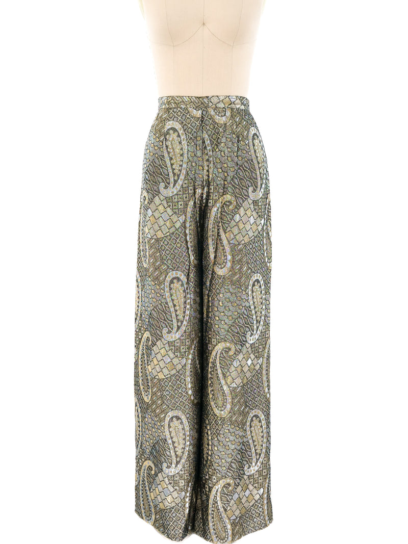 Metallic Paisley Split Leg Palazzo Pants Bottom arcadeshops.com