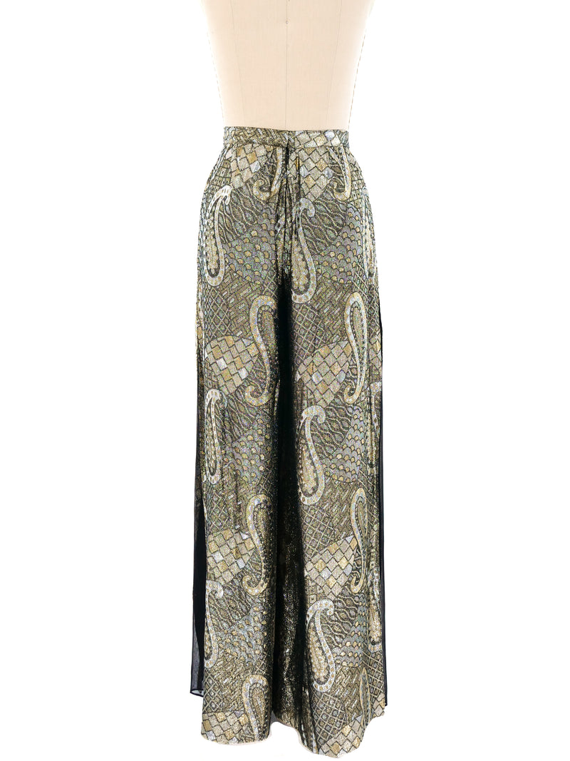 Metallic Paisley Split Leg Palazzo Pants Bottom arcadeshops.com