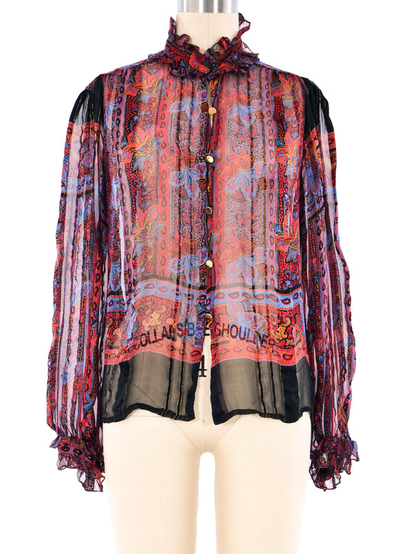 Floral Paisley Printed Silk Ruffle Blouse Top arcadeshops.com