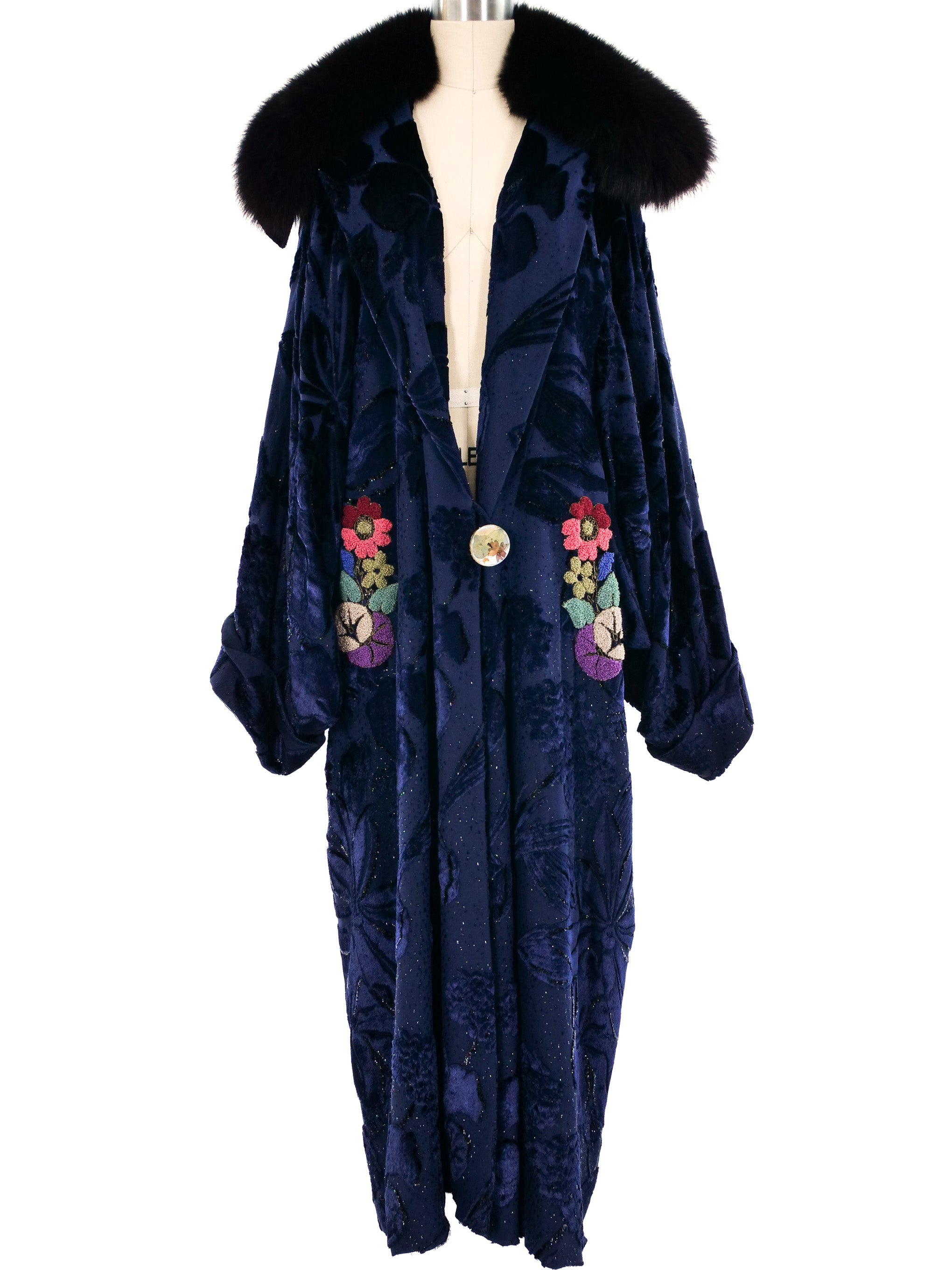John Galliano Fur Trimmed Floral Velvet Duster