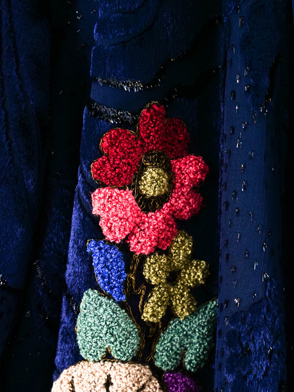 John Galliano Fur Trimmed Floral Velvet Duster Outerwear arcadeshops.com