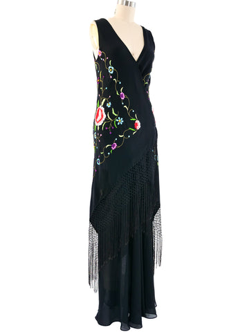 Floral Embroidered Fringed Piano Shawl Dress