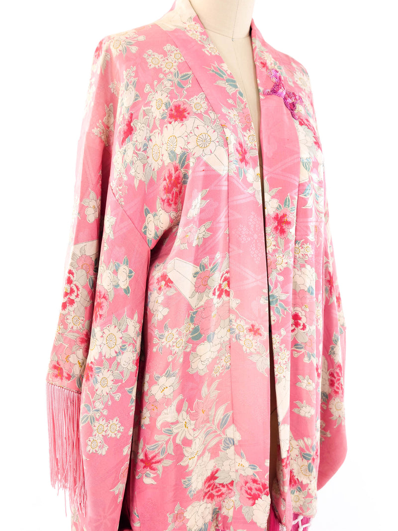 Floral Printed Fringed Silk Kimono Jacket arcadeshops.com