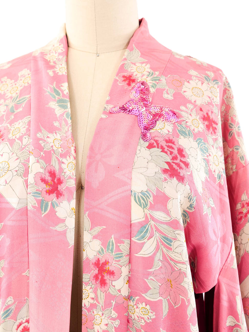 Floral Printed Fringed Silk Kimono Jacket arcadeshops.com