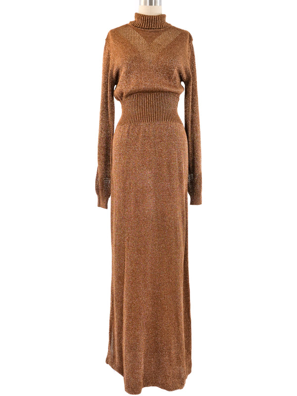 1970's Bronze Metallic Knit Maxi Dress Dress arcadeshops.com