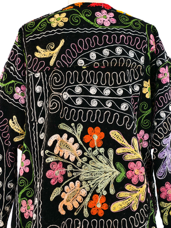 1970's Black Flower Embroidered Corduroy Duster Jacket arcadeshops.com