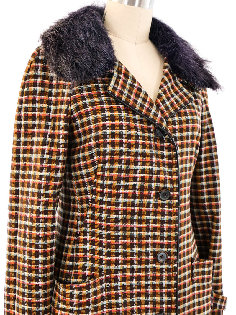 Prada Brown Check Coat With Faux Fur Collar Outerwear arcadeshops.com