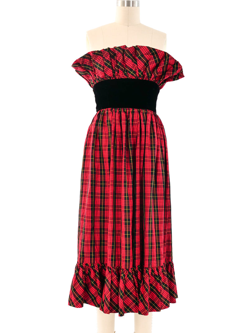 Victor Costa Red Tartan Strapless Ruffle Dress Dress arcadeshops.com