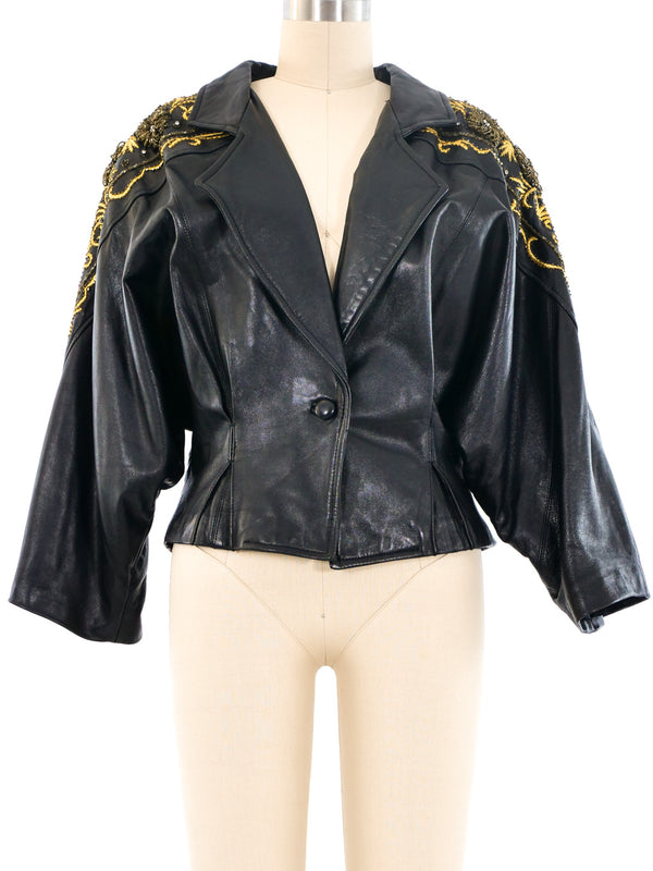 Erez Embroidery and Bead Accented Leather Jacket Jacket arcadeshops.com