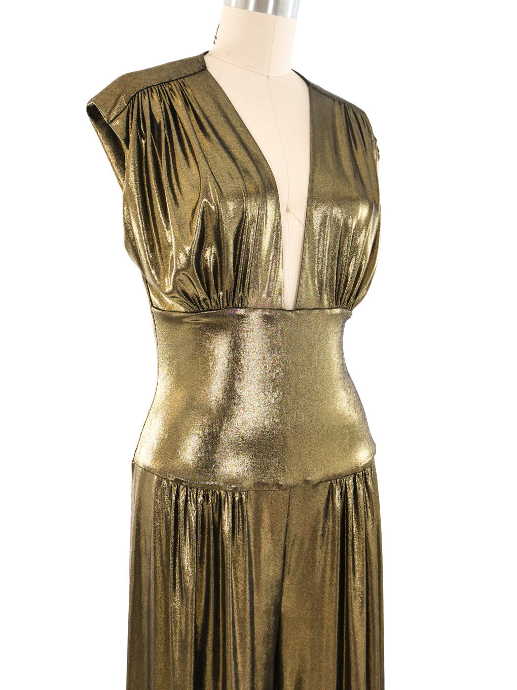 slim fit dress slacks Norma Kamali Gold Metallic Jumpsuit