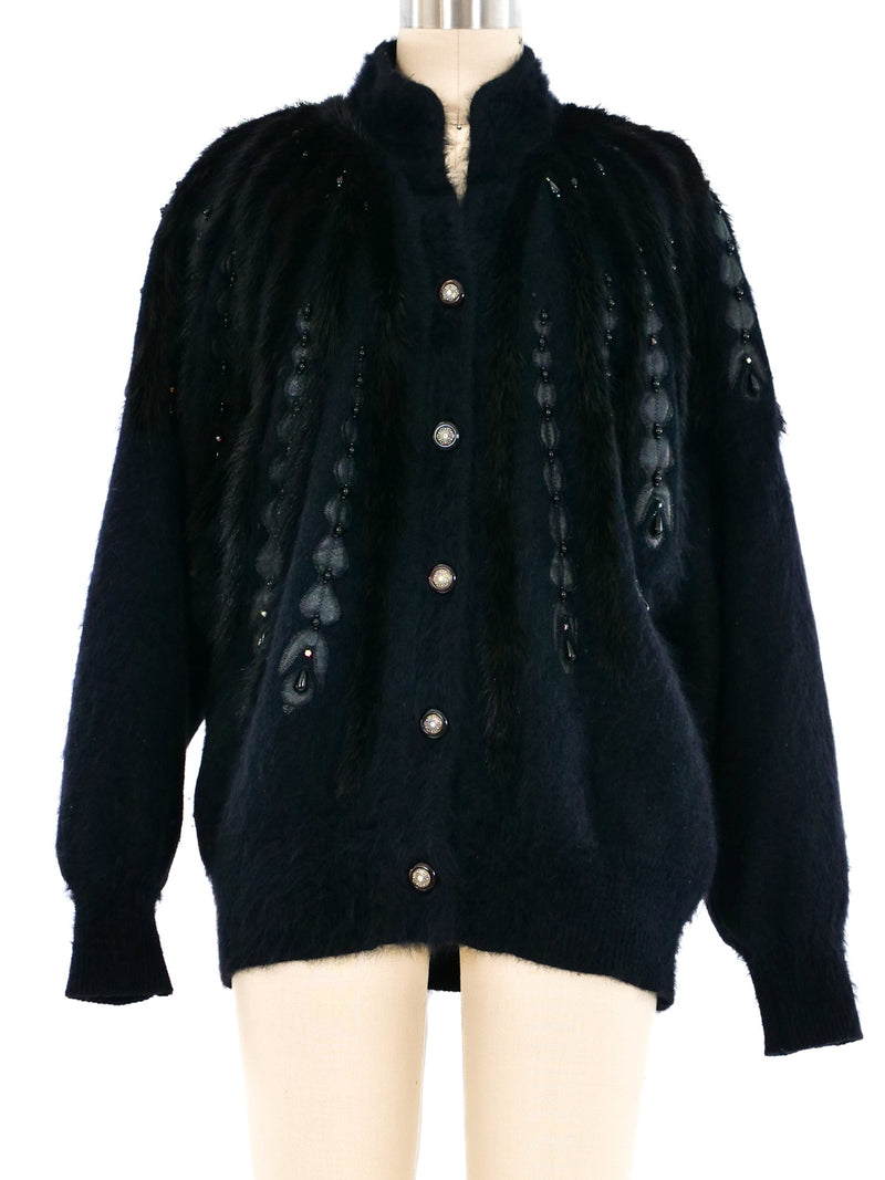 Black Fur Trimmed Knit Cardigan Jacket arcadeshops.com