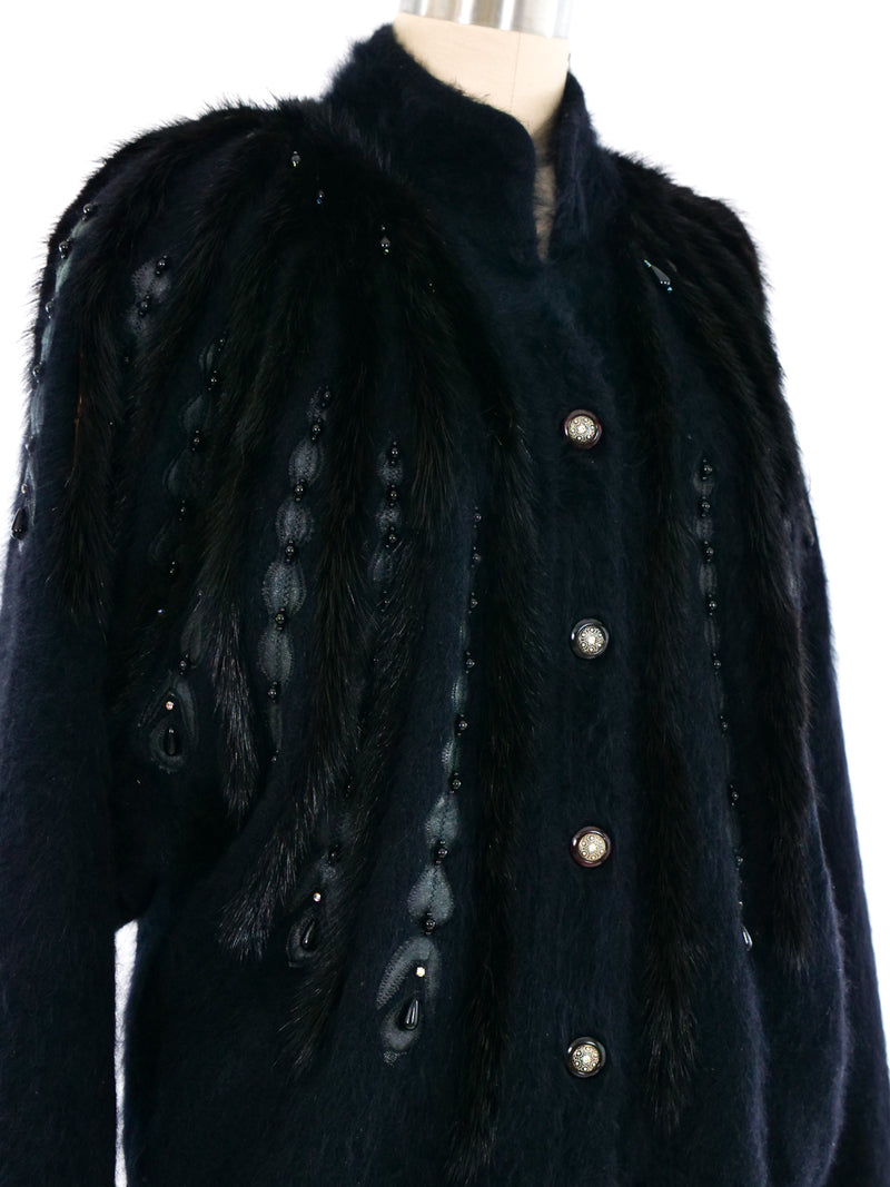 Black Fur Trimmed Knit Cardigan Jacket arcadeshops.com