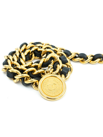 Chanel Goldtone Chain Belt with Black Leather & Charm - 32” Chanel Vintage Black/Gold Leather Chain Belt – Amarcord  main image 2