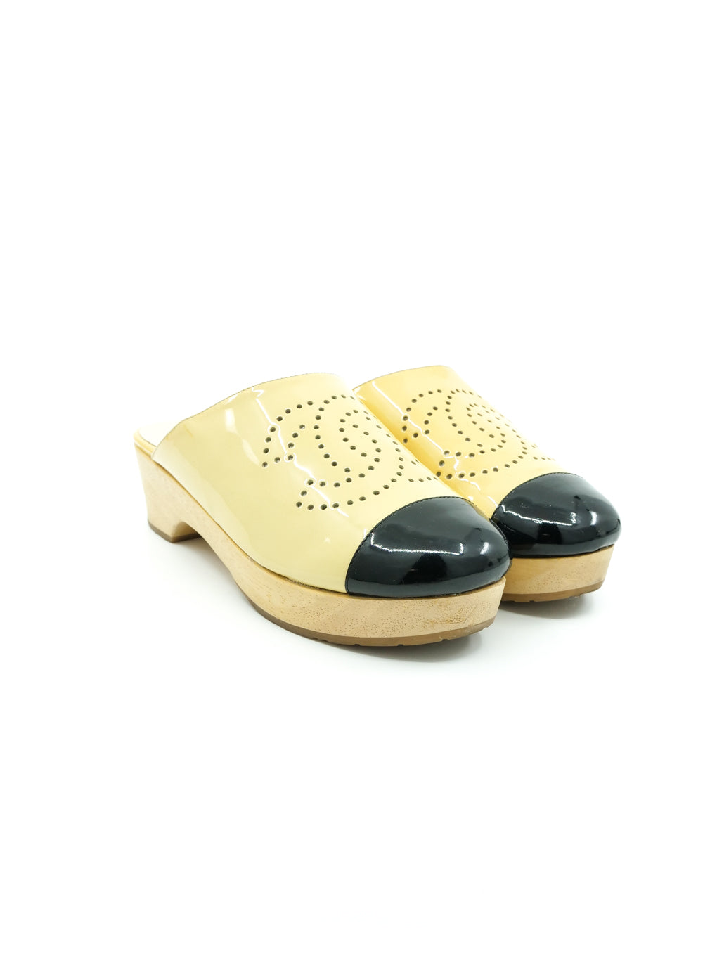 Chanel Perforated Logo Patent Clogs