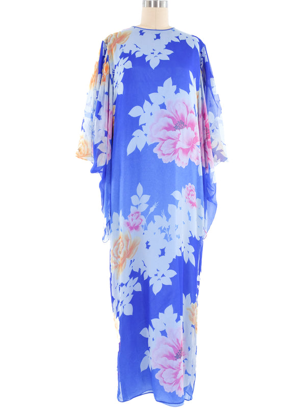 Hanae Mori Angel Sleeve Floral Printed Silk Caftan Dress arcadeshops.com