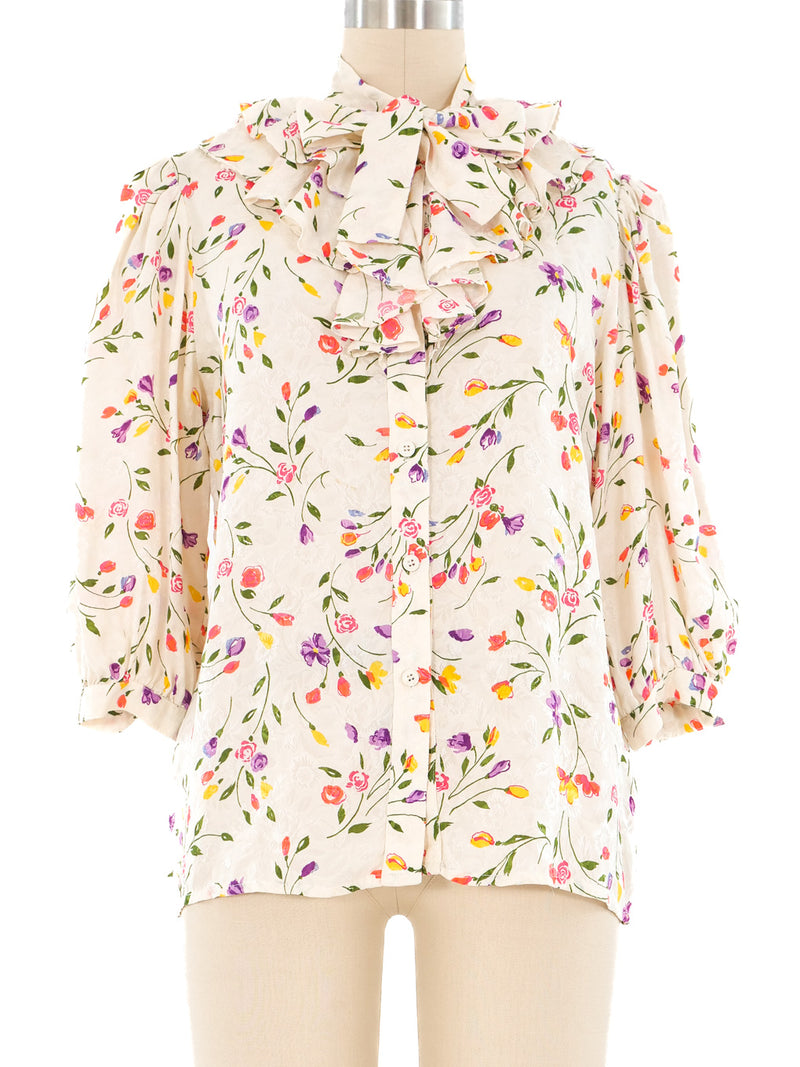 Oscar de la Renta Floral Jacquard Ruffle Blouse Top arcadeshops.com