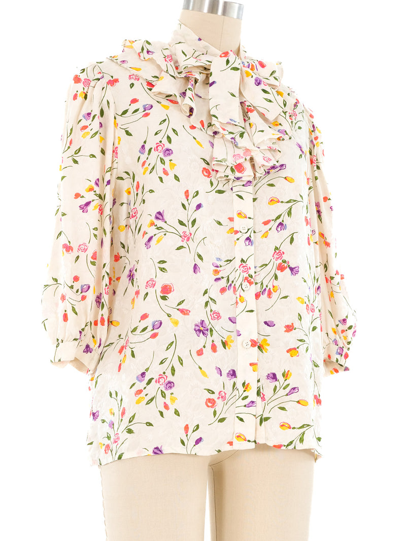 Oscar de la Renta Floral Jacquard Ruffle Blouse Top arcadeshops.com