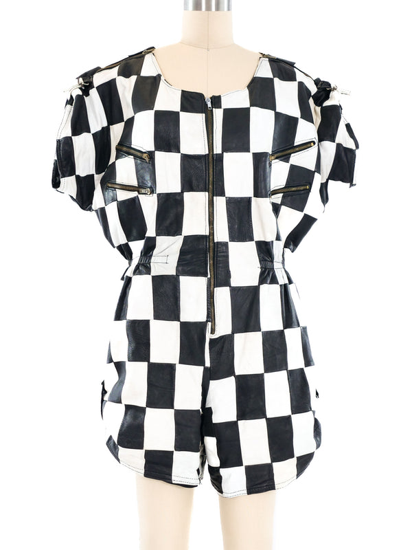 Patchwork Leather Romper Jumpsuit arcadeshops.com